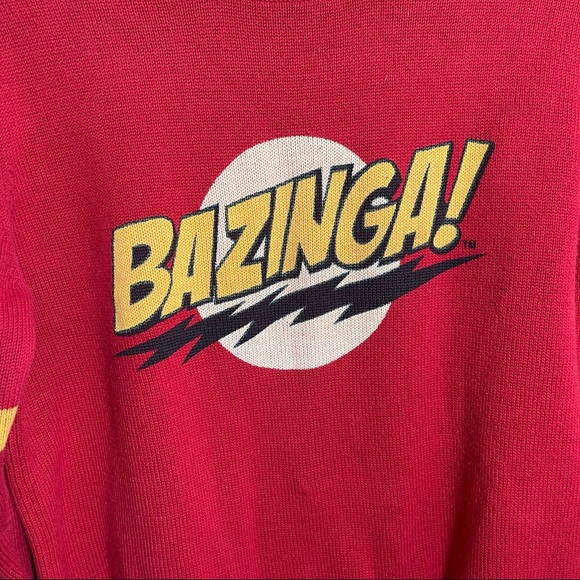 Men’s Big Bang Bazinga Sheldon Red Yellow Black Sweater - Picture 4 of 6